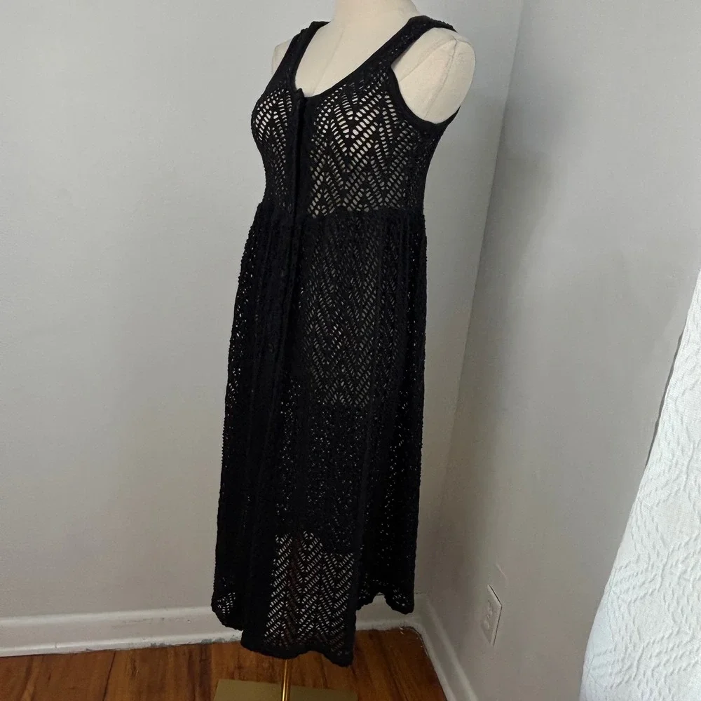 Black Crochet Knit Button-Front Midi Dress Boho Dark Cottagecore Duster Women M